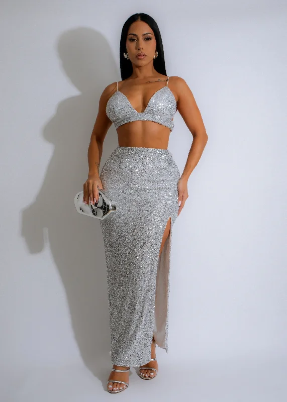 Stardust Shimmer Sequin Skirt Set Silver