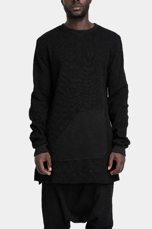 Waffle cotton long sweatshirt, Black