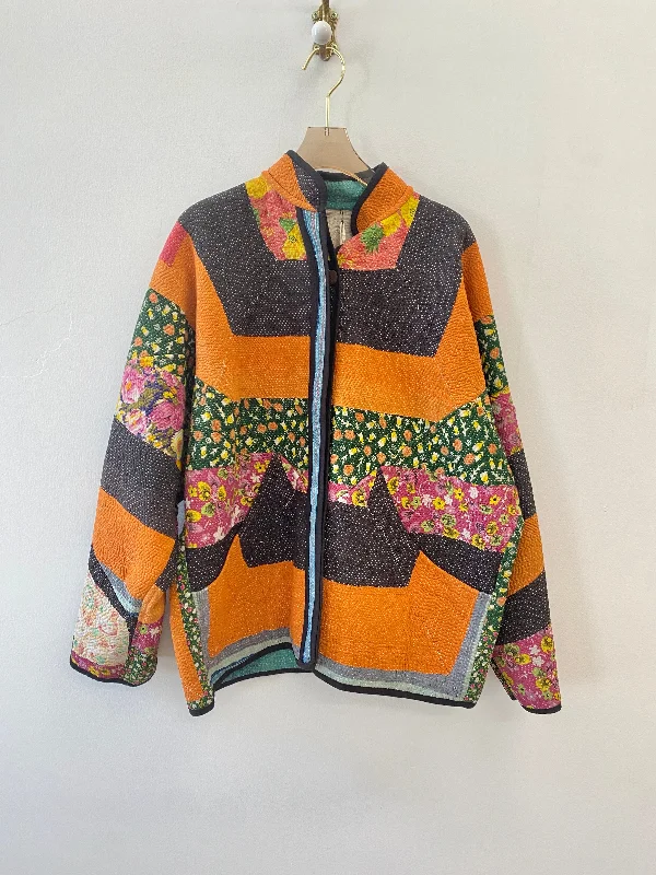 Reversible Ladhiya Quilted Jacket w/ Navy Blue, Orange & Floral Stripes & Turquoise w/ Pastel Plaid