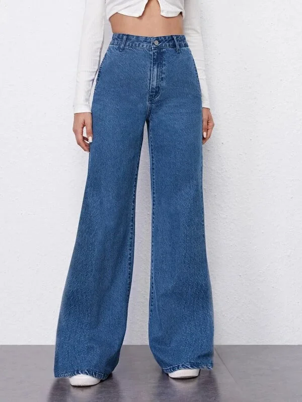 Navy Blue Fall Wide Leg High Rise Jeans