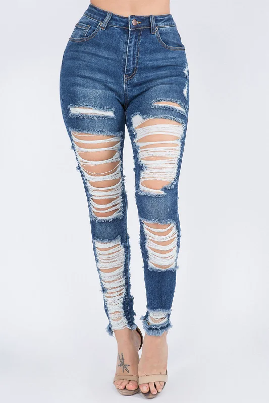 Women's High Waist Heavy Distressing Denim Skinny Jeans