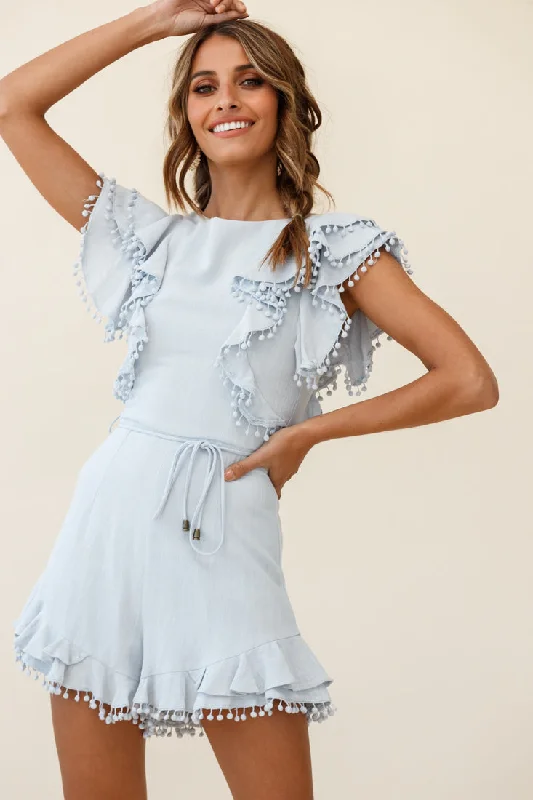 Must Be Nice Frill Shoulder Circle Trim Romper Steel Blue