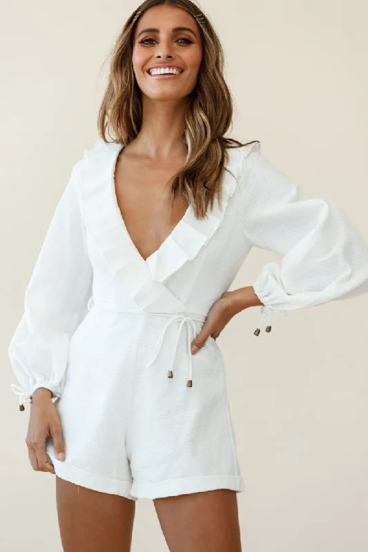 Tegan Long Sleeve Ruffle Neckline Romper White